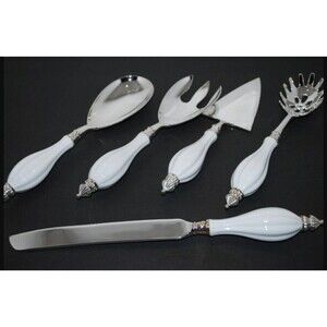 Vintage Godinger Silver Plated White Porcelain Handle Server Utensil 5 Pc. Set